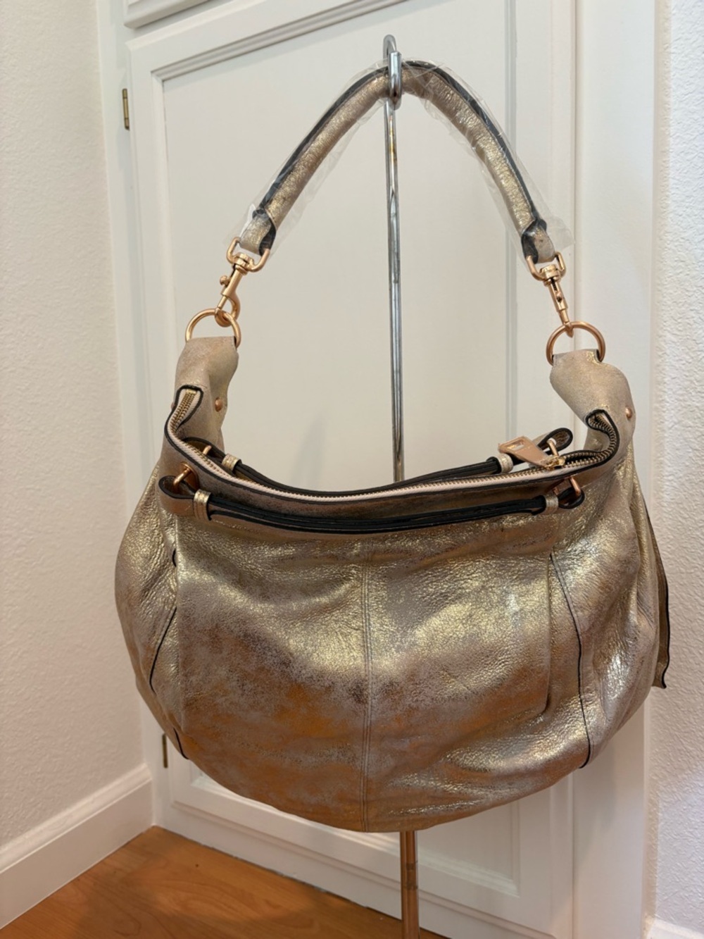 Metallic Gold Leather Hobo Shoulder Bag